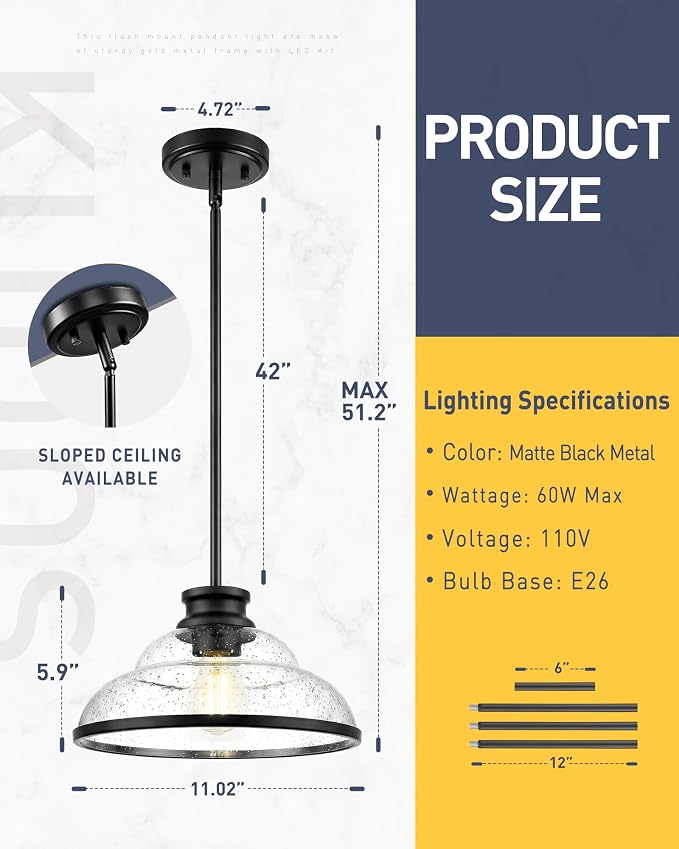 kudos 2-Pack 11" Black Seeded Glass Pendant Lights, KDPL14-BK-2PK | E26 Bulb Base, Hardwired, Farmhouse Styling, Adjustable Hanging Rods for Flat or Sloped Ceilings, for Kitchen Bars