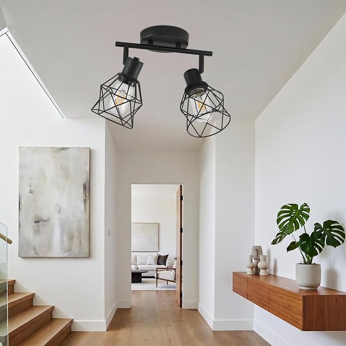 LOUSACE 2-Lights Kitchen Light Fixtures Ceiling Mount, Adjustable Flush Mount Ceiling Light with Metal Cage, Farmhouse Track Spotlight Ceiling Fixtures for Dining Room Entryway Living Room