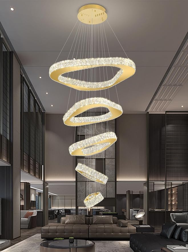Large Modern Chandeliers 5 Ring Chandelier for High Ceiling Dimmable Gold Chandeliers High Ceiling Foyer Chandelier for Living Room Dining Room Staircase