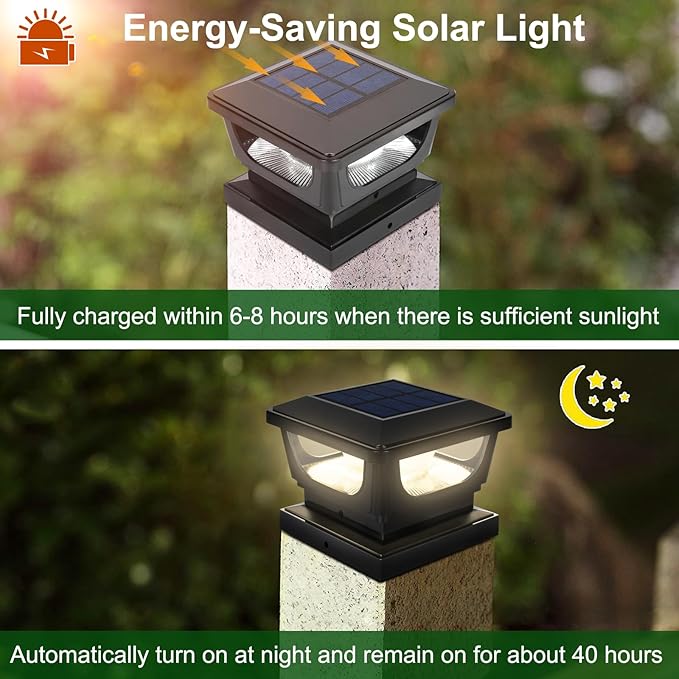 Sumaote Solar Post Cap Lights, 120 Lumen 3000K Warm White LED for 3x3 Metal/Vinyl & 4x4 Wood Posts, IP65 Waterproof Outdoor Garden Fence Deck Lighting, Dusk-to-Dawn Auto On/Off (4 Pack)