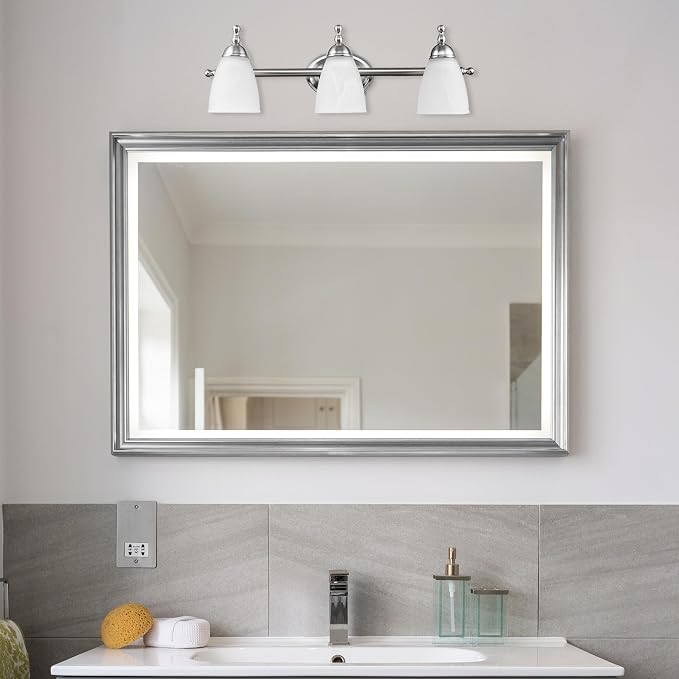 Globe Electric 50783 23" 3-Light Vanity Light, Satin Nickel, Alabaster Glass Shades, Beauty Room Accessories, Bathroom Lights Over Mirror, Makeup Mirror Lights, Wall Light