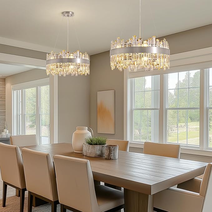 Siljoy Modern Crystal Chandelier, 12-Lights Contemporary 2-Tiers K9 Crystal Raindrop Chandelier Flush Mount Crystal Pendant Ceiling Light Fixture for Dining Living Room Kitchen Island D19.7''