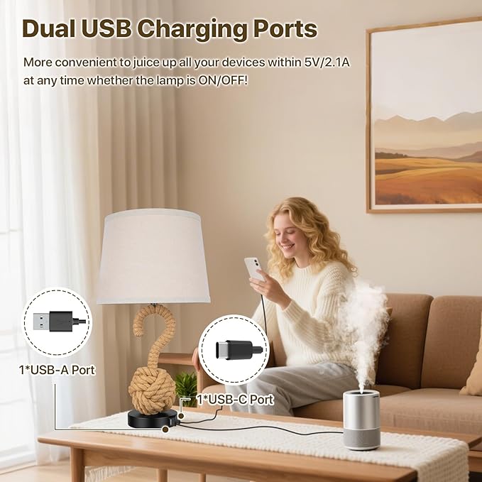 22" Rope Lamp Set of 2, Boho Table lamps for Night Stands, 3-Color Temperatures Rattan Lamp with Rotary Switch USB Ports, Boho Lamps for Bedrooms, Farmhouse Lamps for Living Room, 2 Bulbs Included