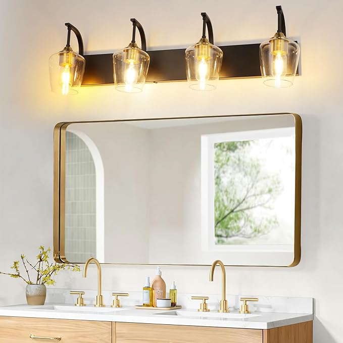 Black Bathroom Light Fixtures - 4-Light Vanity Light with Clear Glass Shades, 33.07'' Industrial Gold Wall Lights for Bedroom Hallway Living Room Kitchen