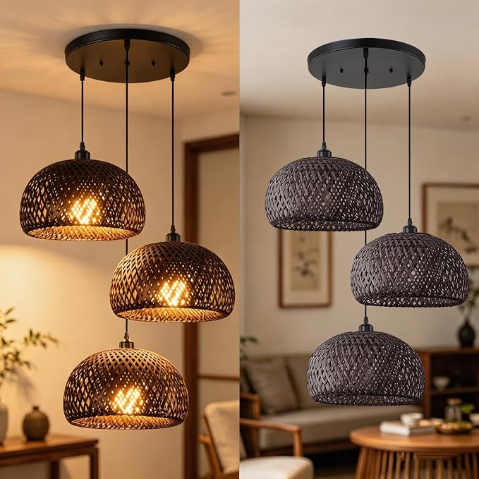 Black Bamboo 3 Light Fixtures Cluster Rattan Pendant Light Hand Woven Wicker Chandelier Boho Ceiling Hanging Light for Kitchen Stairway Hallway Dining Room Foyer