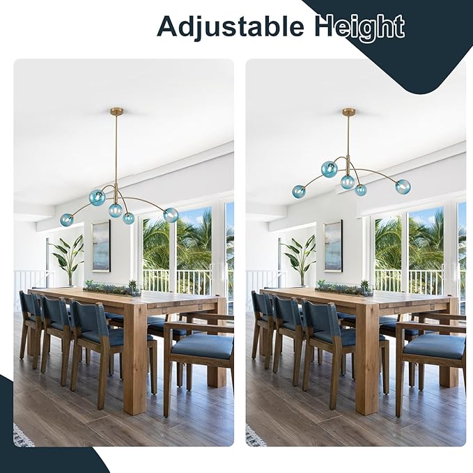 Gold Modern Chandelier 5 Light Blue Glass Sputnik Chandelier Mid Century Globe Hanging Light for Dining Room Kitchen Island Bedroom Living Room 41.3IN Diameter