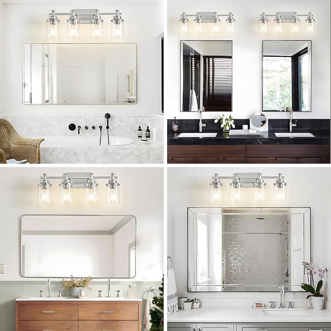Brushed Nickel 4-Light Bathroom Vanity Light Fixtures Over Mirror, Modern Wall Sconce with Clear Glass Shade for Hallway