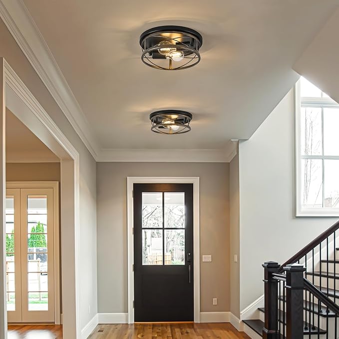 Farmhouse Lights, Rustic Black Industrial Flush Mount Ceiling Light, Ceiling Lamp Farmhouse Lighting Fixture for Hallway, Bedroom, Kitchen, Entrance, 2-Light