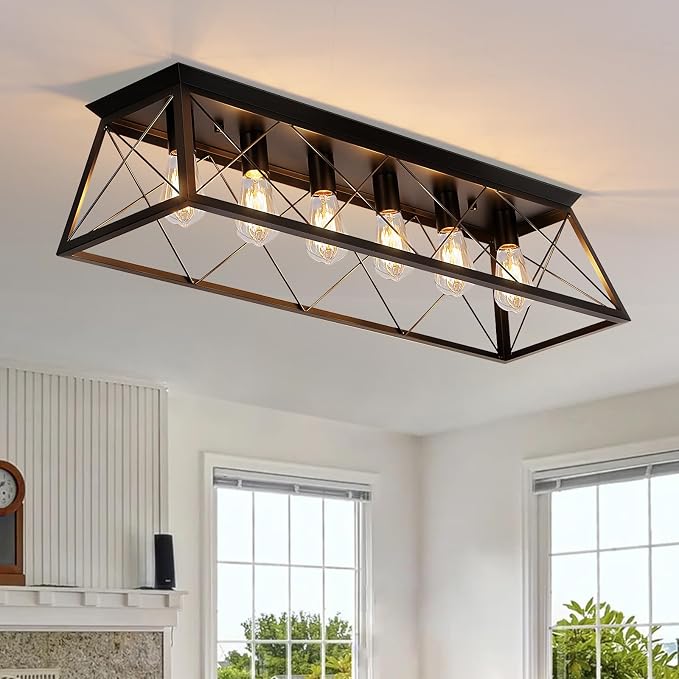 38" Large Flush Mount Ceiling Light for Kitchen Hallway Fixtures | Vintage Industrial Kitchen Ceiling Light Fixtures with X-Shaped Metal Cage, 6-Light Black Large Flush Ceiling Lighting
