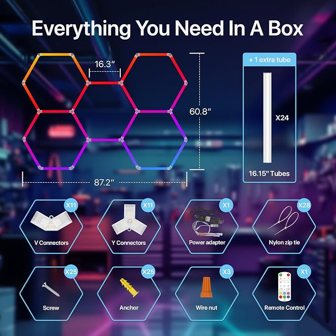 HYPERLITE Hexagon Garage Lights: Gen-IV 5 Grid RGB Hexagon LED Lights with Music Sync Mode, App & Remote Control, Multi-Color Honeycomb Light for Gaming Room, Gym, Garage