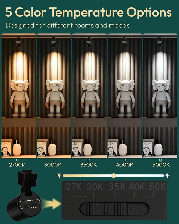 ALAMPEVER 12 Pack LED Track Lighting Heads, Dimmable J Type LED Track Lights with 5 Selectable Color Temperatures, 2700K/3000K/3500K/4000K/5000K, 10W, 800LM, 36°, Ideal for Home Commercial Use, Black