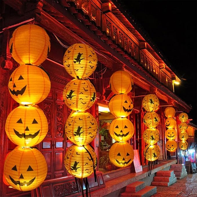 12pcs Orange Paper Lanterns with 12pcs White LED Lights, 6" 8" 10" 12" Round Hanging Chinese/Japanese Ball Lantern for Wedding Anniversary Birthday Party Decorations