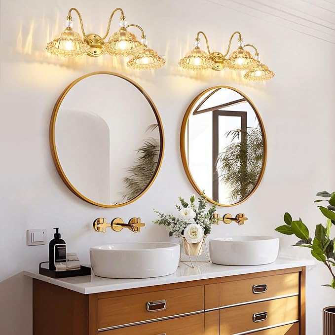 Mid Century Bathroom Light Fixtures 3 Lights Brushed Gold Vanity Lights for Bathroom with Floral Amber Crystal Glass Shade Bathroom Vanity Lighting Fixtures Over Mirror for Bedroom Living Room Hallway