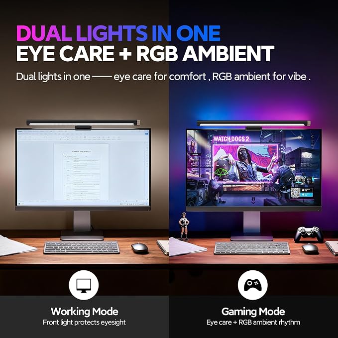 LYMAX RGB Monitor Light Bar with 4 Modes Backlight | Eye-Care No Glare, Adjustable Color & Brightness, Space Saving, Touch Control, USB Monitor Lamp for Home Gaming