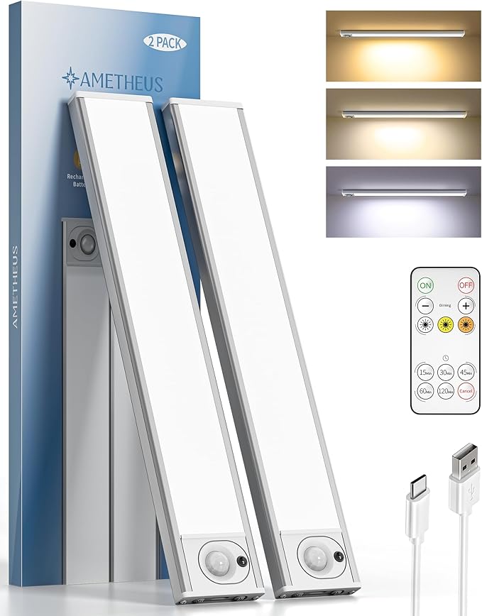 2Pack 12inch Under Cabinet Lighting, Rechargeable Motion Sensor Light Wireless Indoor, Dimmable 3 Color Temps Closet Lights with IR Remote, Under Counter LED Lights for Kitchen, Stairs