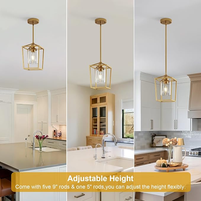 Gold Pendant Lighting for Kitchen Island, 1 Light Modern Cage Kitchen Hanging Pendant Lights with Clear Glass Shade for Kitchen Island, Dining Room, Entryway, Hallway