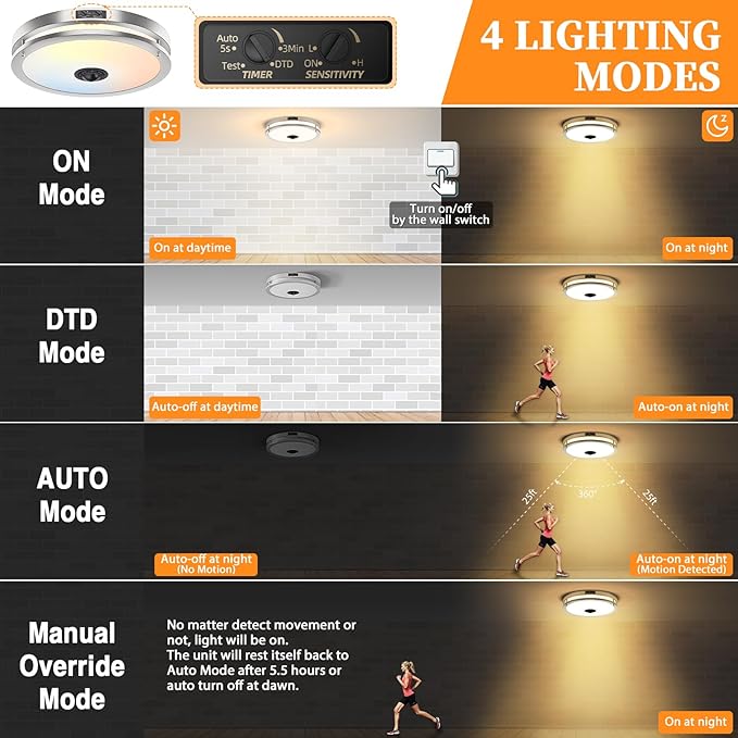 24W LED Motion Sensor Outdoor Ceiling Light, 12IN 2700K/3000K/3500K/4000K/5000K Adjustable Ceiling Lights, Dusk to Dawn Flush Mount LED Ceiling Light Fixture for Porch, Garage, Nickel, 2 Pack