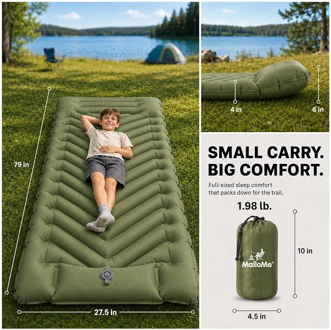 MalloMe Sleeping Pad for Camping, Camping Mattress - Bed for Outdoors Self-Inflating Air Mattress for Backpacking Leak-Resistant Inflatable Travel Mat w/Foot Pump Compact Ultralight Single & Double