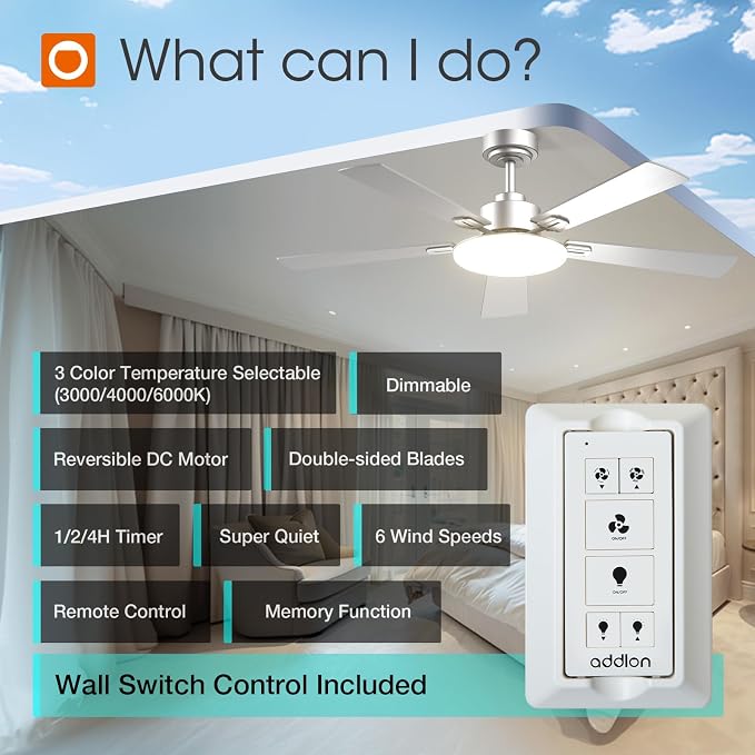 addlon 52 Inch Ceiling Fans with Lights and Remote Control, Wall Switch | Reversible DC motor, 6-speed, Timer, 3CCT Dimmable, Quiet, Silver Ceiling Fan for Bedroom, Living Room, Indoor/Outdoor Use