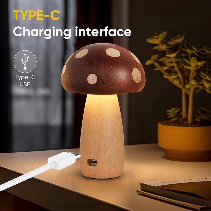 YIEONSHION LED Wood Mushroom Table Lamp, Rechargeable Cordless Touch Bedside Lamps, Wireless Stepless Dimming Night Light, Portable Battery Lamp for Bedroom Nightstand for Birthday Gifts (DMG-Big)
