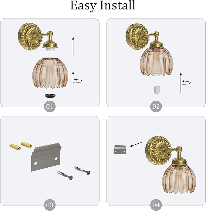 Battery Operated Wall Sconce, Vintage Wall Light, 2 Pack, Amber Tulip Glass | Gold Metal Base, 5200mAh Rechargeable, Dimmable LED, Remote Control, Cordless, Bedside, Bedroom, Doorway, Living Room