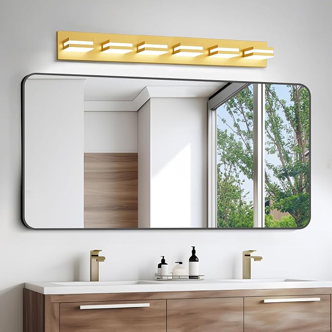 IZORRO LED Modern Bathroom Lights Fixtures(6-Light,Dimmable,360°Rotate),Brushed Glod Acrylic Wall Lighting,Vanity Lights for Bathroom Over Mirror - 6000k 36In （No Assembly Required）