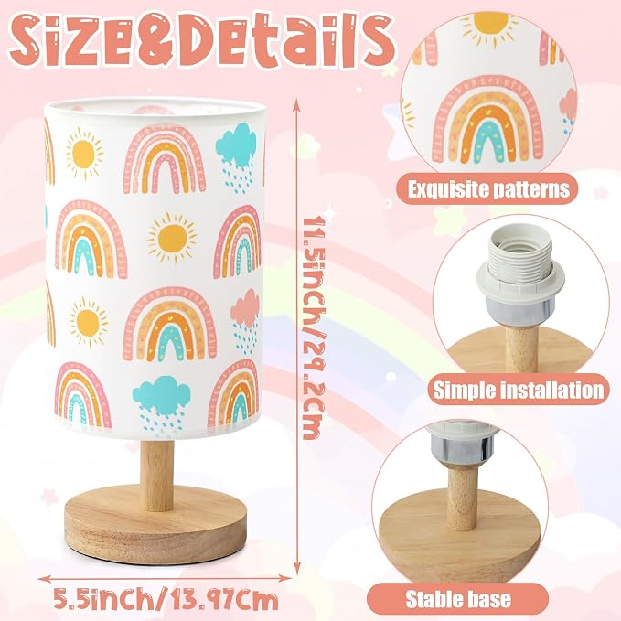 Rainbow Table Lamp for Kids Bedroom - Boho Rainbow Kids Bedside Lamp with Linen Wooden Nightstand Cartoon Nursery Lampshade for Girls Room Decor