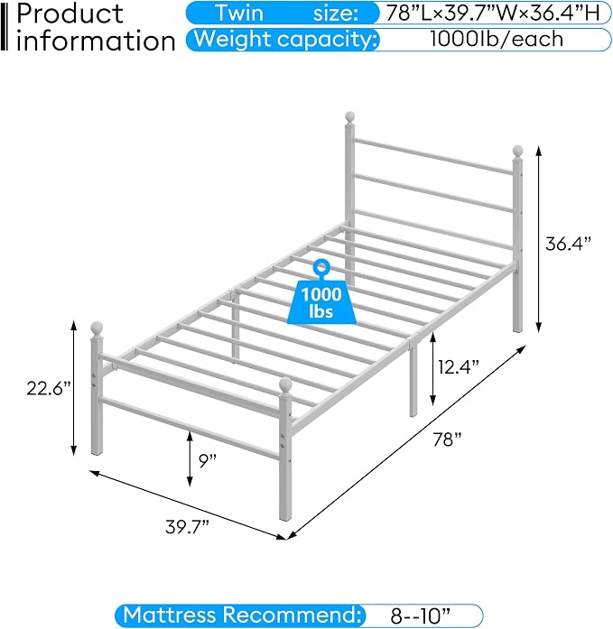 Twin Size Bed Frame with Headboard - Metal Platform Bed with LED Lights, Charging Station, Under Bed Storage and Heavy Duty Steel Slats Support - No Box Spring Needed, Easy Assembly, White