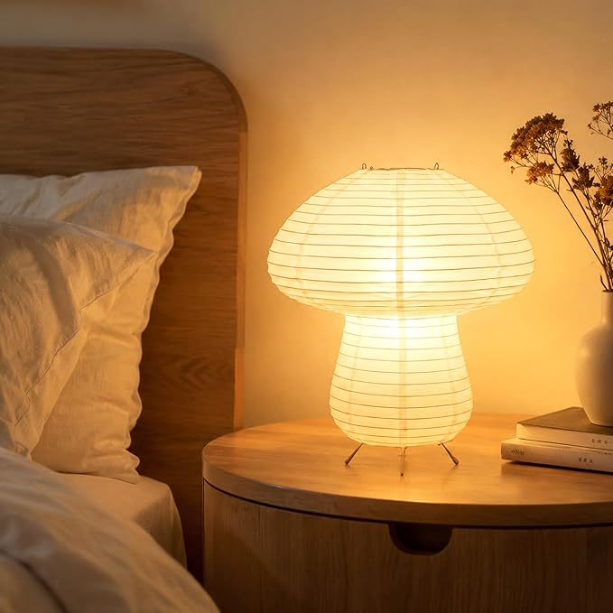 Paper Lantern Table Lamp, Rice Paper Japanese Lights, Modern Mid Century Cute Small Desk Lamps for Bedroom, Living Room