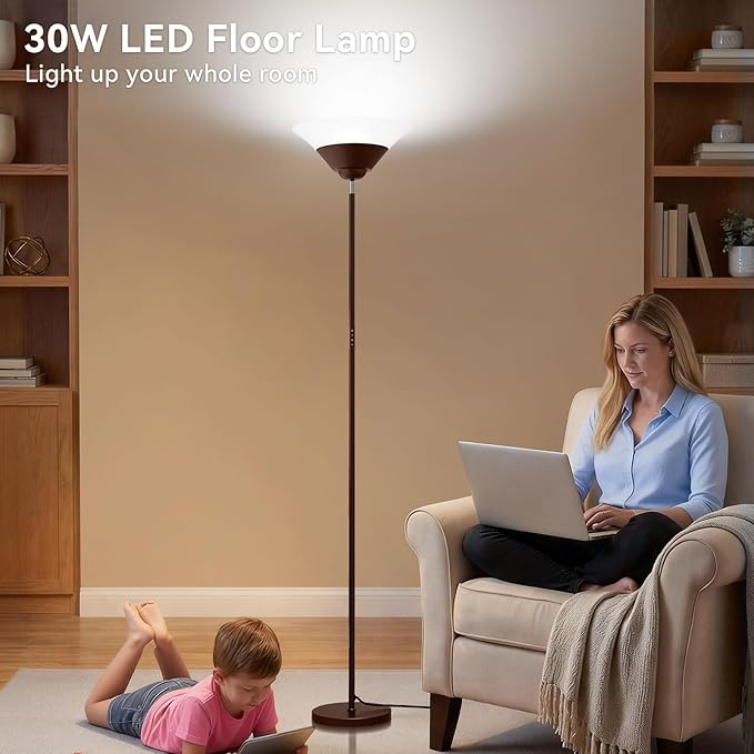 Torchiere Floor Lamp, 72 Inch 30W LED Standing Lamp, 1800LM, Stepless Dimmable, 3000K-6500K, Remote and Button Control, Modern Pole Light for Living Room Bedroom Office, Brown