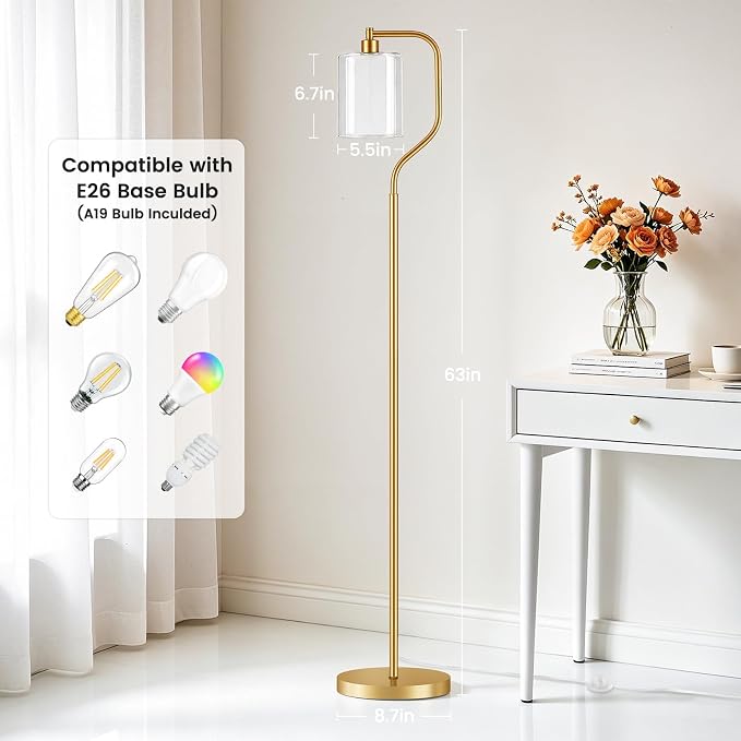 Dimmable Gold Floor Lamp with Double Glass Shade | Modern Floor Lamp with Remote & Foot Switch, 3 Color Temperatures, 9W Bulb, Corner lamp for Home Decor, Living Room, Bedroom