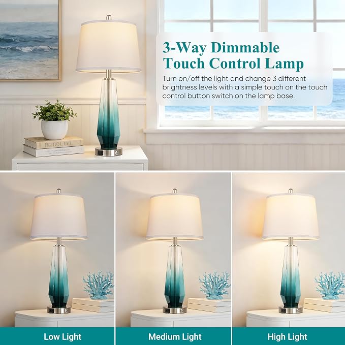 QiMH Glass Table lamps for living room, Modern Bedside Lamps for Bedrooms,27.5" Tall Nightstand Lamps Set of 2 with 3-Way Dimmable Touch Control, White Linen Shade,USB A/C Charging Ports,Gradient Teal