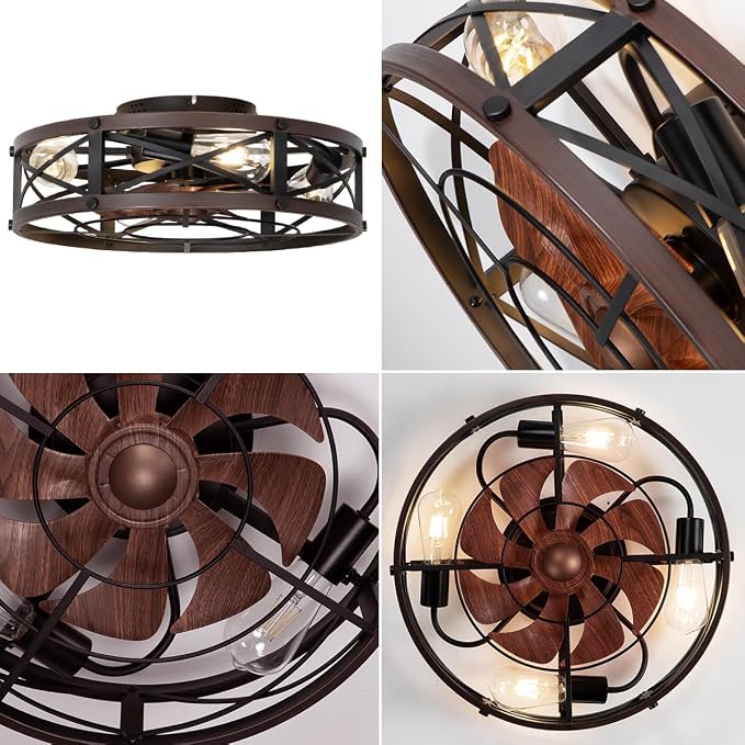 SHLUCE 19" Caged Low Profile Ceiling Fan with Light, Farmhouse Small Flush Mount Ceiling Fans with Lights and Remote, Rustic Bladeless Ceiling Fan with Light for Bedroom, Kitchen, Brown - ETL