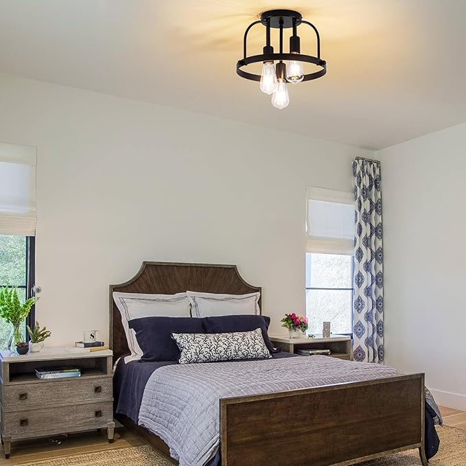 3 Light Industrial Ceiling Light Black Semi Flush Mount Lights Close to Ceiling Light Fixtures,cage Design Farmhouse Ceiling Lighting for Kitchen Bedroom Bathroom Foyer Hallway (E26, 1Pack)