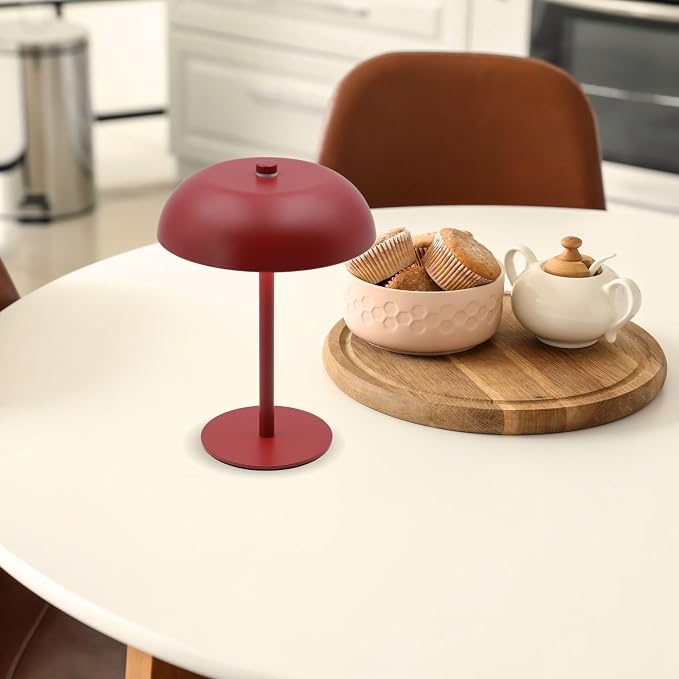 Cordless LED Mushroom Table Lamp, 5200mAh Battery, Dimmable 3 Color, Red | Small, 8.46in, Portable, Easy to Assemble, Metal structure, Rechargeable, Suitable for bedroom, café, and bar counter.