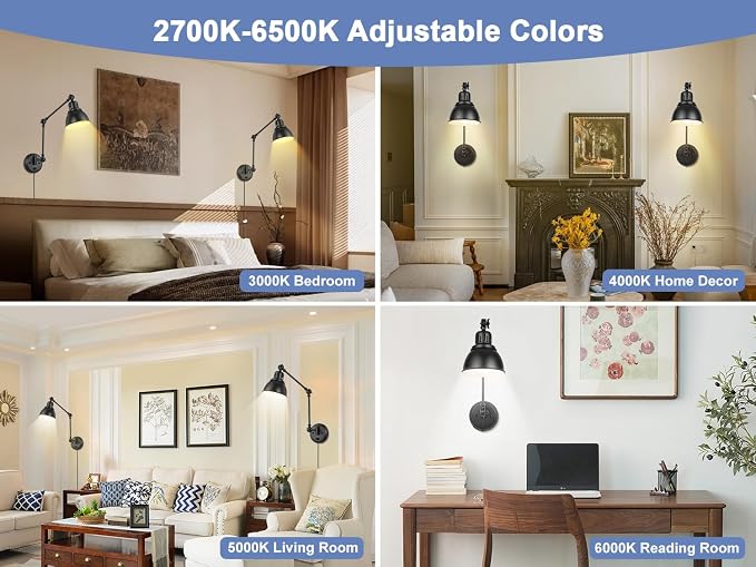 GOODATE 2 Pack Plug in Wall Sconces with Remote, Dimmable, Adjustable Colors, Swing Arm Wall Lamps, Wall Sconces Set of Two with Timer & Night Light, Plug-in or Hardwired (Black, with Bulbs+Remote)