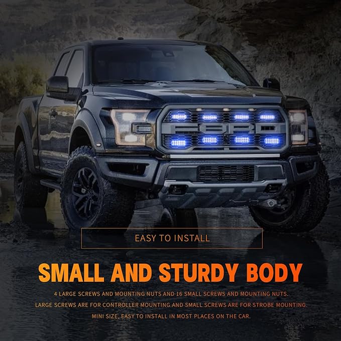 BooYu 8-pcs Sync Feature LED Emergency Strobe Lights Ultra Slim Grille Surface Mount Flashing Warning Hazard Light Bar w/Controller for Police, Firefighter, Trucks, Vehicles, Car (Blue)