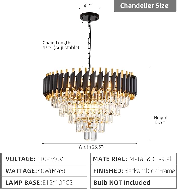 10-Light Large Crystal Chandelier 24" Dining Room Light Fixtures 5 Tiers Flush Mount Black and Gold Chandelier Round Large Chandeliers for Dining Room Living Room Kitchen Entryway Foyer