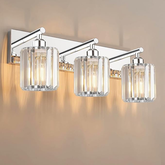 Brushed Chrome Crystal Bathroom Vanity Light, 3-Light Modern Bathroom Lighting Fixtures Over Mirror,Chrome Wall Sconce Light Fixtures with Round Shade