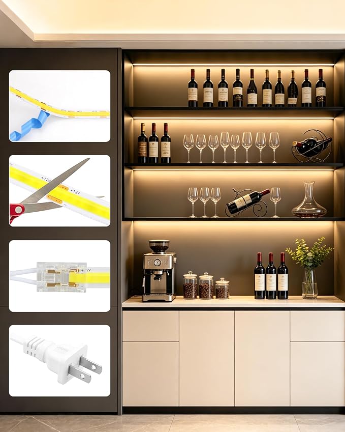12V COB LED Lights Strip for Shelves Cuttable Warm White 3000K 7-in-1 DIY | 16.4FT Display Cabinet Light Strip,with Hand-Sweep On/Off,Plug in Dimmable Shelf Lights,for Bookshelf Closet 5M Self-Adhesive