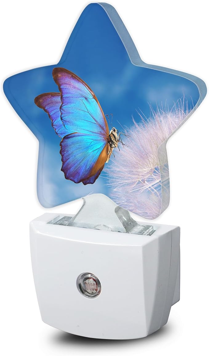 Blue Butterfly Dandelion Night Lights Plug into Wall with Dusk to Dawn Sensor,Lamp for Bedroom Bathroom Hallway Nightlight for Women Girls