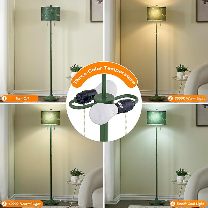Upgraded 2-Light Mid Century Modern Green Floor Lamp for Living Room | 63.5'' Tall Floor Lamp with 3 Color Temp Bulbs, Living Room Lamp with Chain Switch, Standing Lamp for Bedroom, Office, Corner