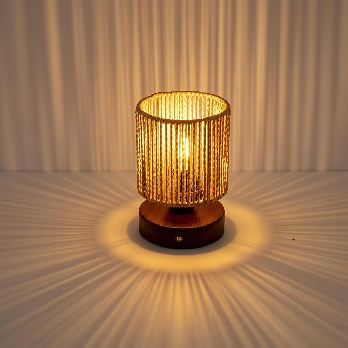 Cordless Rattan Table Lamp, 5000mAh Rechargeable Battery Operated Bedside Lamp with Edison Bulb, Stepless Dimmable Boho Cylinder Desk Light for Bedroom Living Room