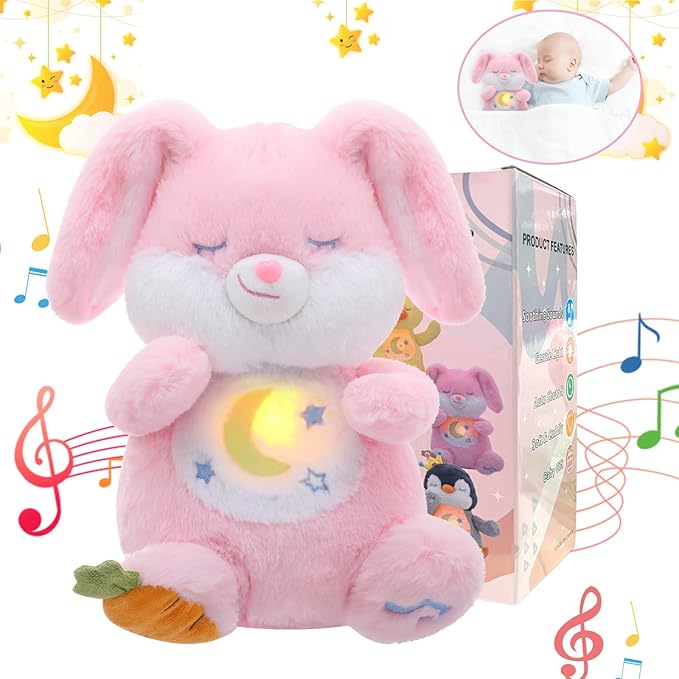 Breathing Stuffed Animal, Soothe Snuggle Pink Easter Bunny Stuffed Animal for Anxiety Adults and Kids, Volume Control Soothing Bunny Plush with Realistic Breathing and Lights, Easter Basket Stuffers
