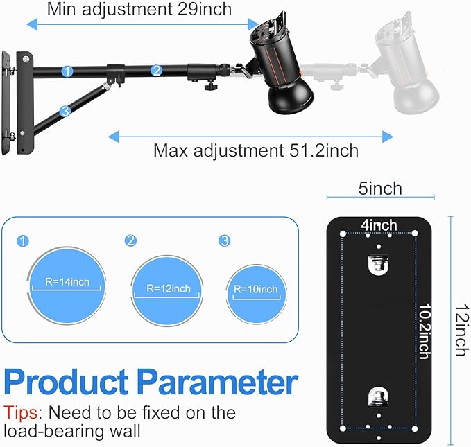 EMART Ring Light Wall Mount Boom Arm, Adjustable 51in/130cm Mounted Overhead Stand, 180°Rotation Heavy Duty Triangle Bracket Mounting Bar for Camera, Photography Lighting, Barber Led Lamp