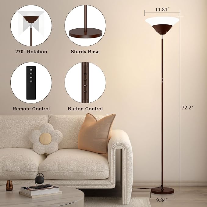 Torchiere Floor Lamp, 72 Inch 30W LED Standing Lamp, 1800LM, Stepless Dimmable, 3000K-6500K, Remote and Button Control, Modern Pole Light for Living Room Bedroom Office, Brown