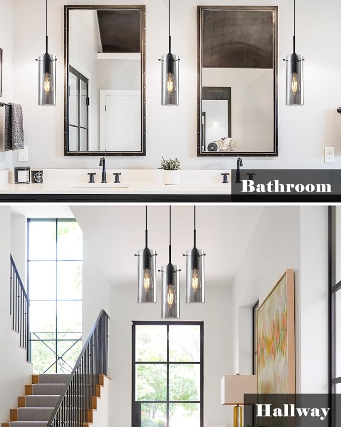 Smoke Gray Glass Pendant Lights Kitchen Island 3 Packs, Kitchen Pendant Lighting Over Island, Modern Hanging Pendant Light, Light Pendants for Kitchen Island, Living Room, Bathroom, Bedroom