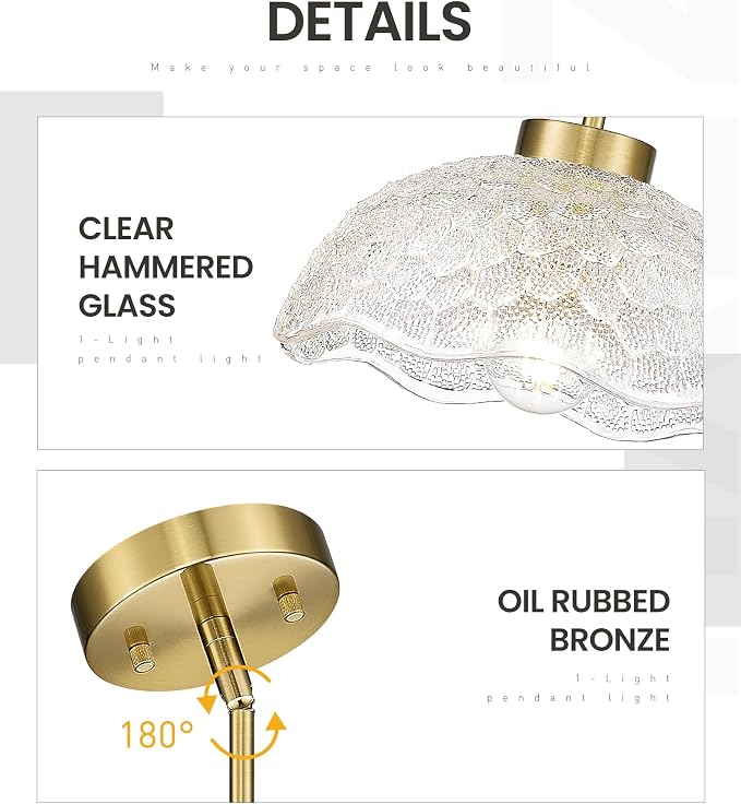 zeyu 2-Pack Pendant Lights Kitchen Island Gold, 10.4'' Ceiling Hanging Light Fixtures, Brushed Gold Pendant Lightings with Clear Hammered Glass, ZJX116M1L-2PK BG
