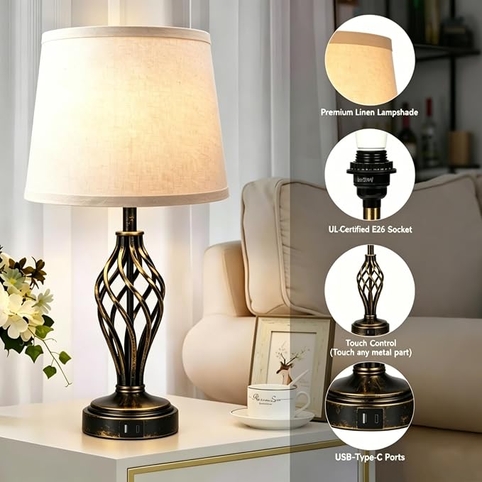 Ruiever Touch Table Lamps Set of 2, nightstand lamp with USB Ports Bedside 3 Way Touch dimmer Desk lamp for Living Room Bedroom,Gold and Black Brushed Spiral Cage Warm White Dimmer LED Bulb Included.