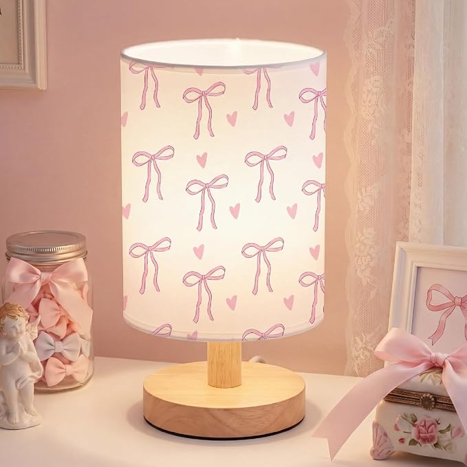 Pink Bow Kids Table Lamp for Bedroom Kids Bedside Lamp with Linen Wooden Nightstand Cartoon Nursery Lampshade for Girls Boys Living Room